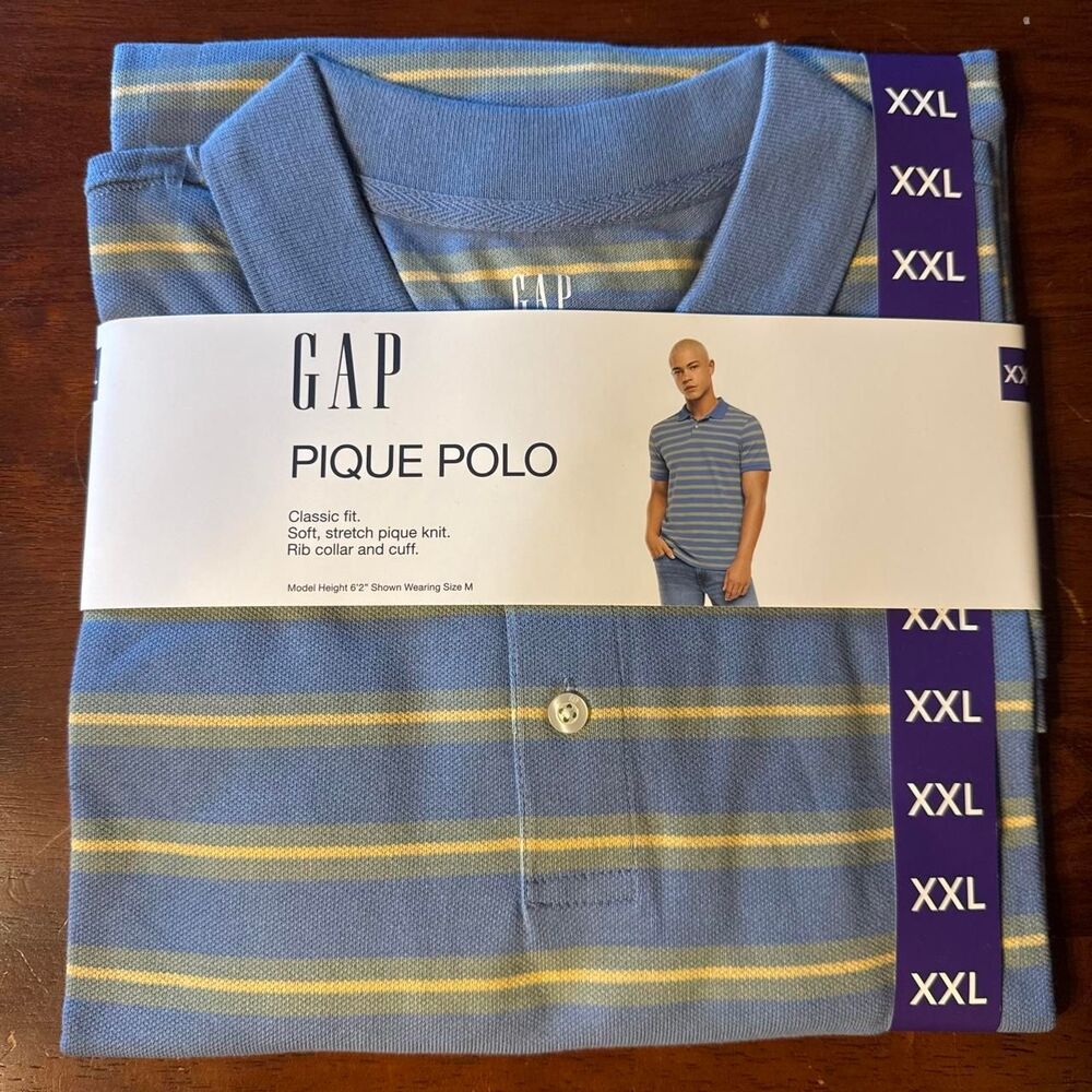 Men's Gap Pique Polo Shirt XXL Blue and Yellow Striped Classic Fit
